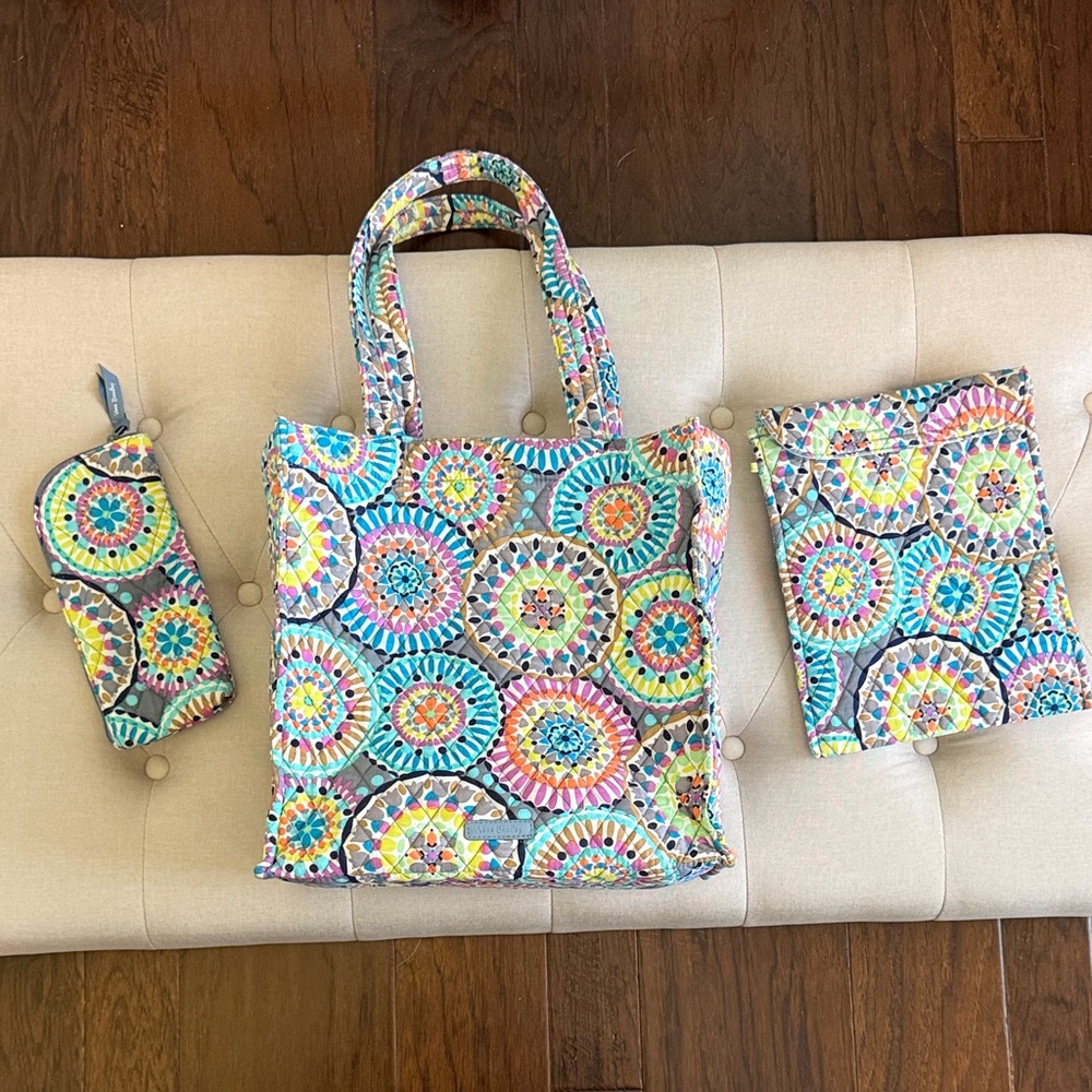 Vera Bradley Sunny Medallion tote bag with tablet cover and pencil case.